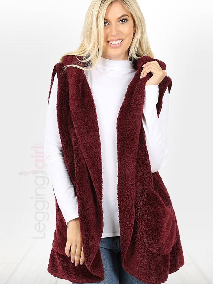 Hooded Faux Fur Vest - Burgundy for wholesale by LeggingGirl.com