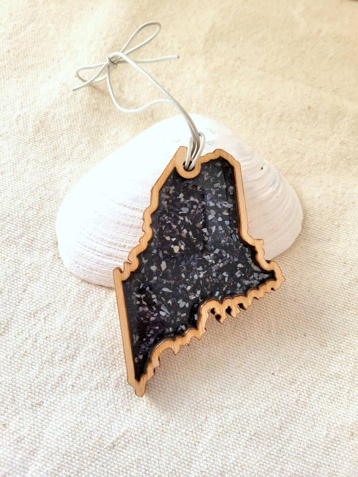 Shape of Maine Wood & Shell Keepsake Ornament for wholesale by Maine Shellware