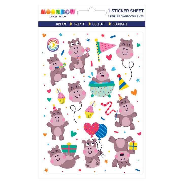 Pygmy Hippo Party Glossy Sticker Sheet for wholesale by Moonbow Creative Co.