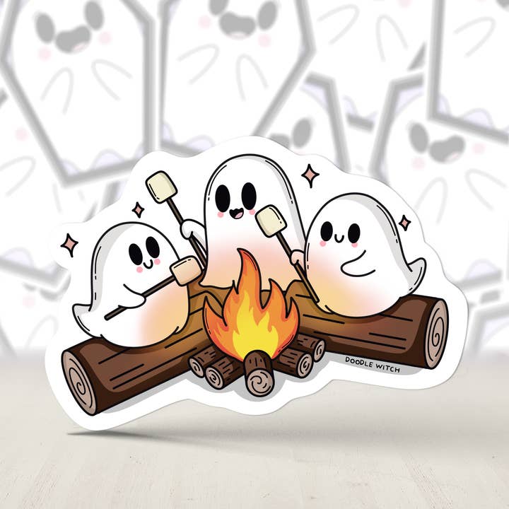 Ghost By The Fire Sticker, Roasting Marshmallows Sticker for wholesale by DoodleWitch