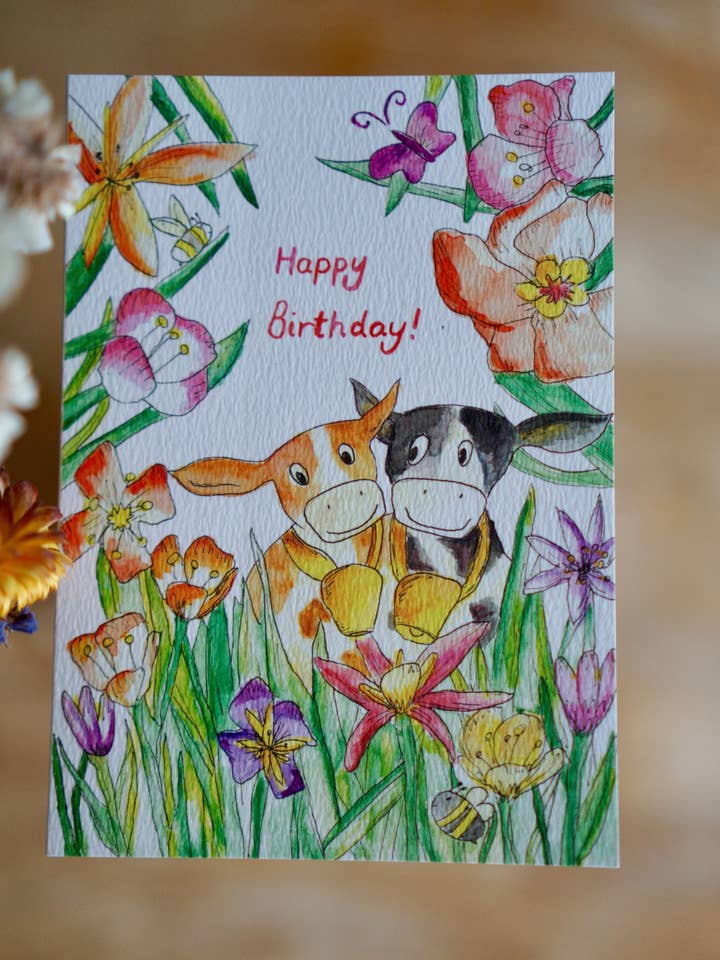Happy birthday card - cow besties for wholesale by Bowlt Studios