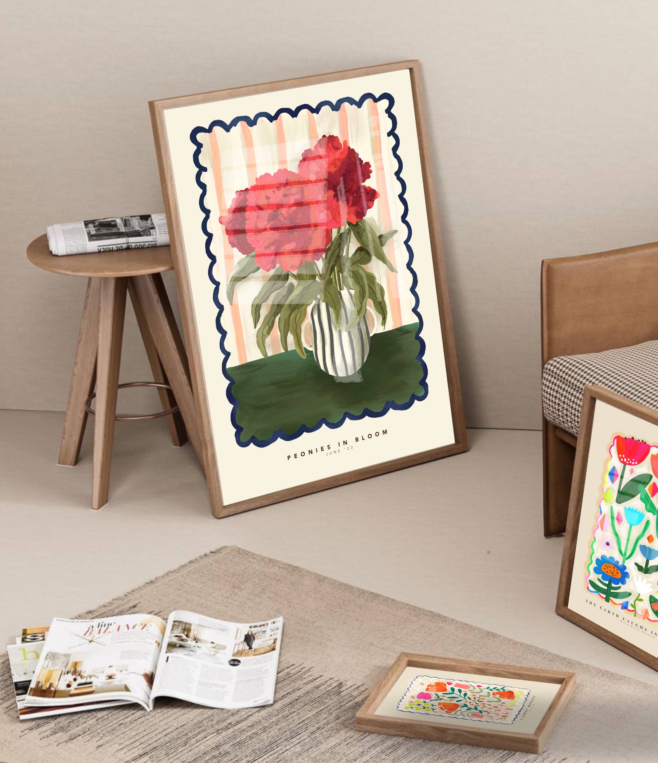 Kate Fox Design – Impressão artística por atacado – Gravura de Flor de Peônia, Estilo Desenhado à Mão, Neutra e Original1