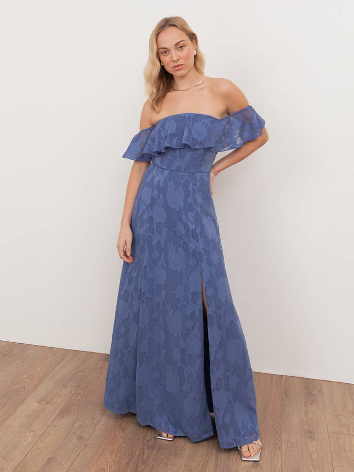 Anaya With Love Recycled Azure Blue Floral Burnout Bardot Maxi Dress for wholesale by Plaza Collection Ltd