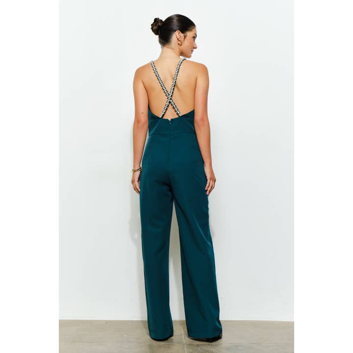 INA – wholesale Jumpsuit - Dam – Kristallprydd djup V-ringad jumpsuit med korsad rygg4