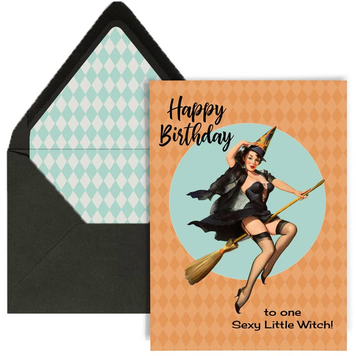 Mod Lounge Paper Company - Wholesale Birthday Card - Sexy Little Witch Vintage Pinup Halloween Birthday Card