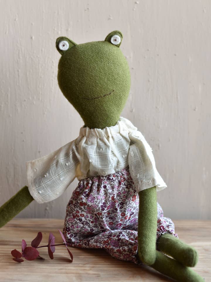 Fern the Frog doll- Liberty Bloomers for wholesale by Woolgrass Farm