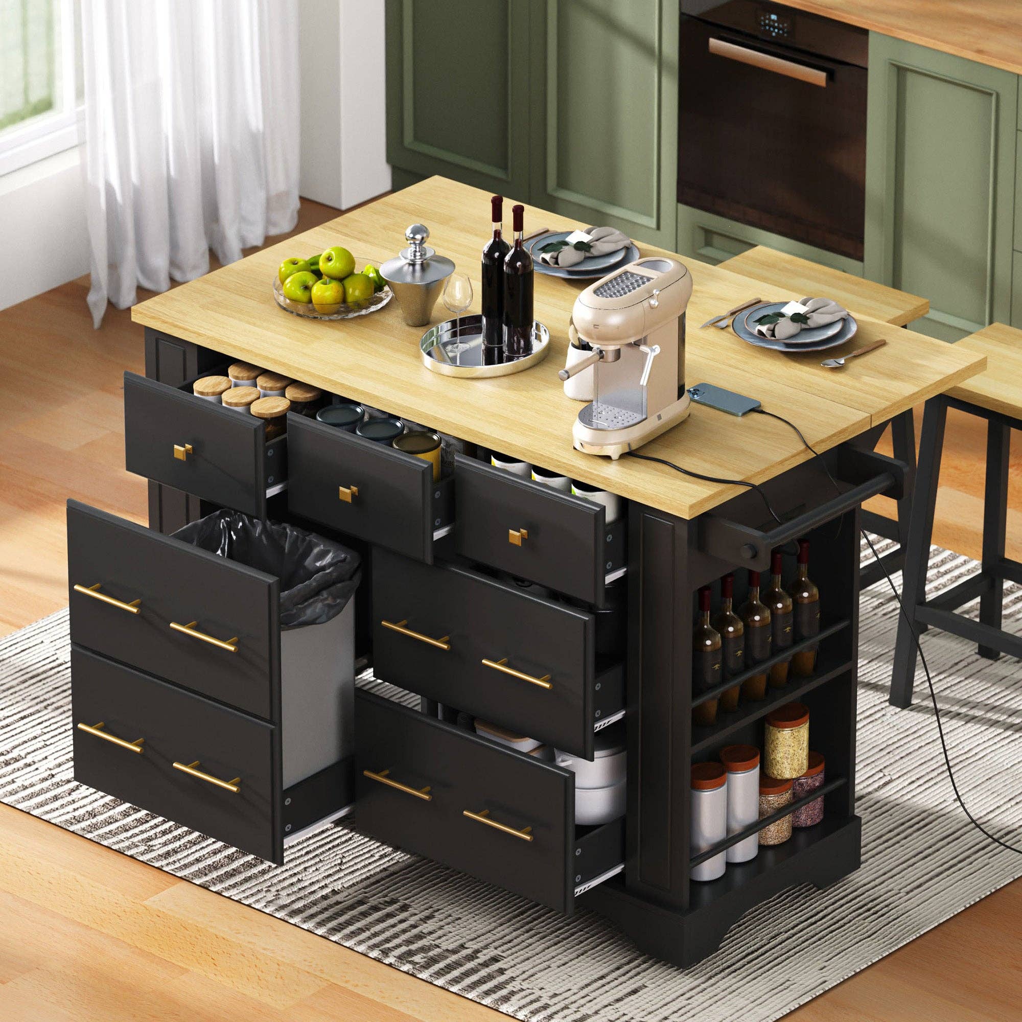 39F Inc. - Wholesale Kitchen Storage/Organizer - 51.2" Farmhouse Kitchen Island with 6 Drawers & Drop Leaf0