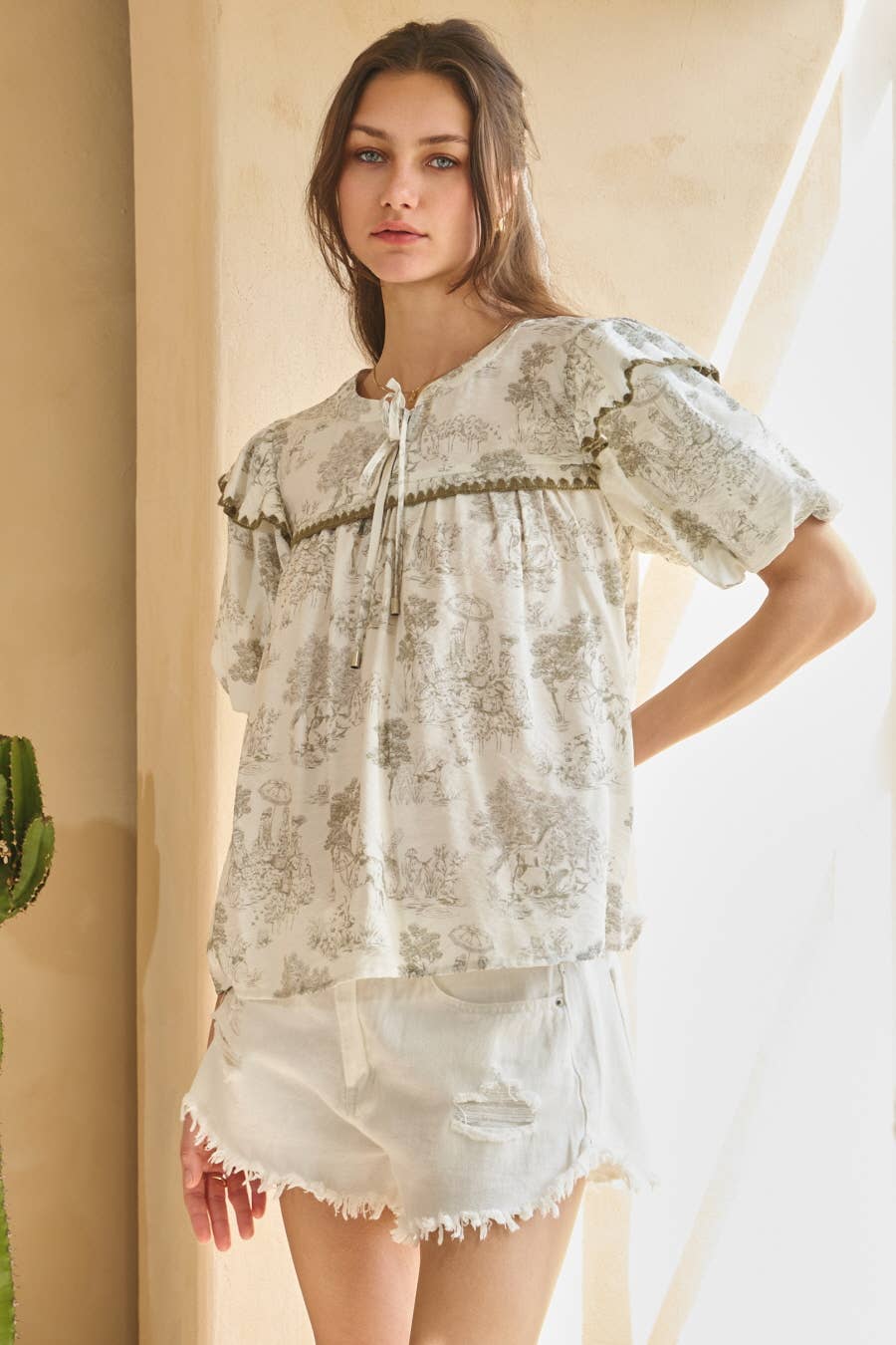Gris Multi Blusa con Mangas Abullonadas Estampada Toi De Paris de venta al por mayor en Faire4