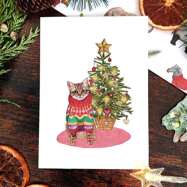 Hand Illustrated Tabby Cat Christmas Card for wholesale by Beth Goodwin Designs