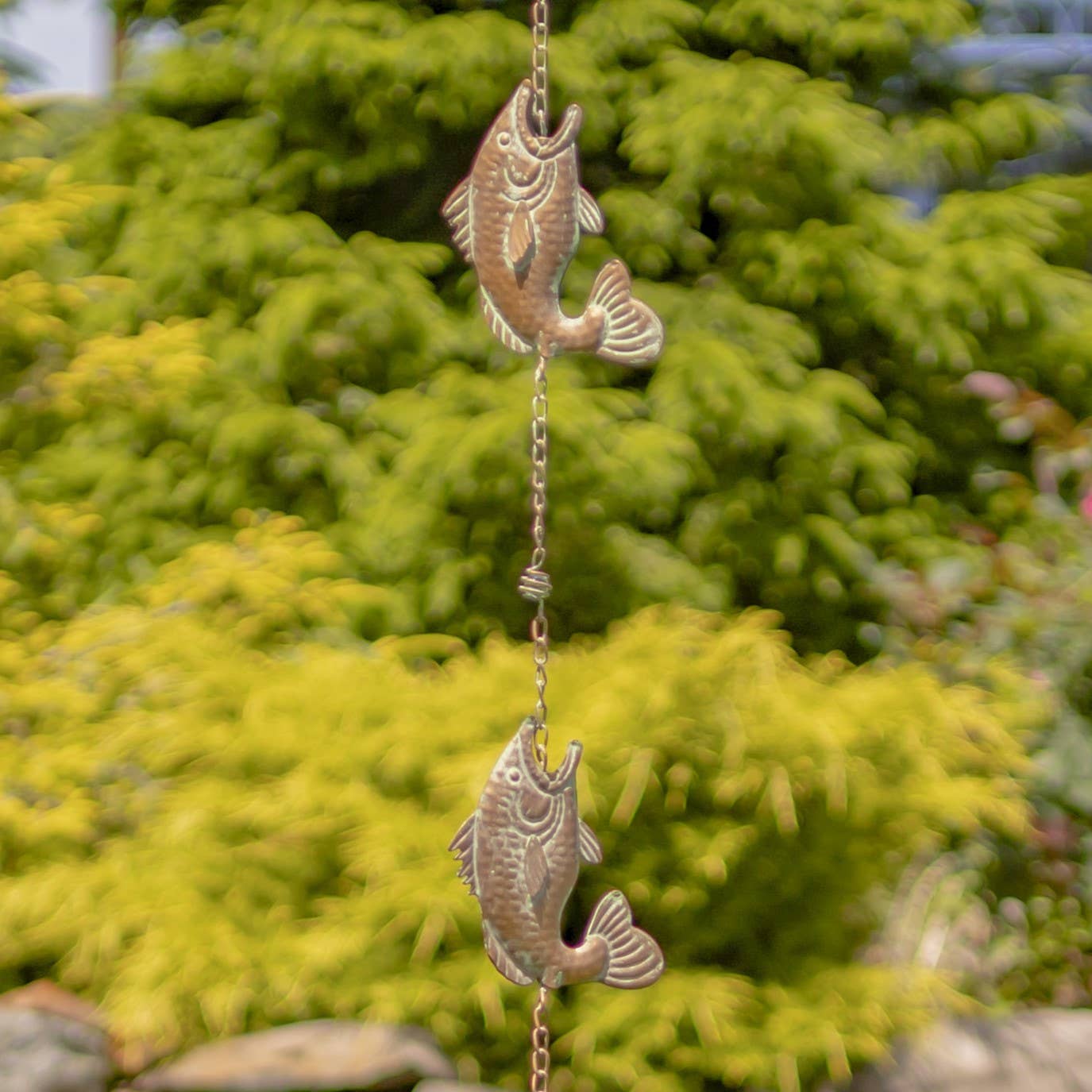 Zaer Ltd. International - Wholesale Outdoor Ornament/Decor - 98" L. Iron Rain Chain w/ Jumping Fish in Copper1