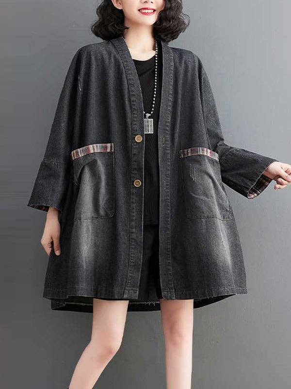 Sheer Trend – Großhandel Mantel - Damen – Langärmlige Mäntel mit lockeren Knöpfen und karierten Taschen und geteiltem V-Ausschnitt3