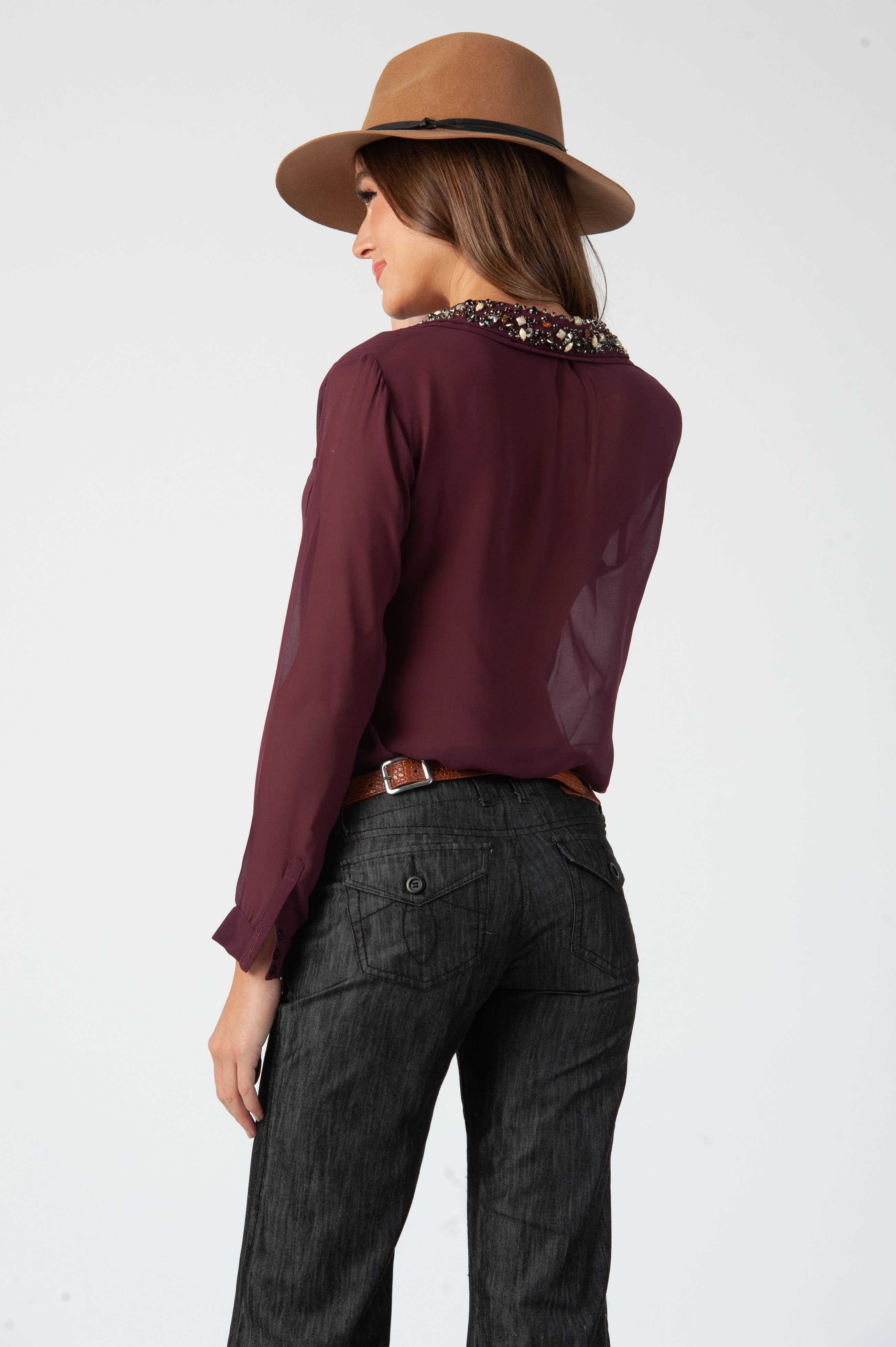 Lucca Couture - Wholesale Button Down Shirt - Women's - Holiday Chiffon Jewel Collar Button down Top1