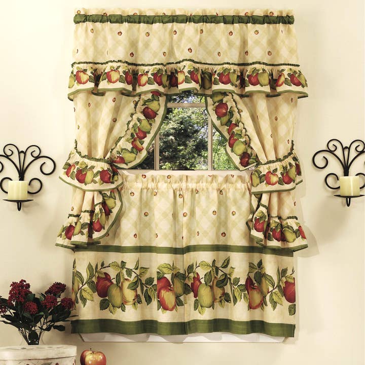 ShopBobbys - Wholesale Curtain - Apple Orchard Printed Kitchen Curtain Set, 57x36 Inches