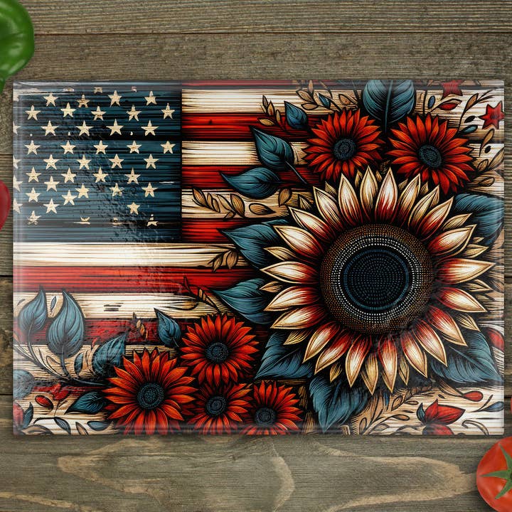 Flag Sunflower Glass Cutting Board for wholesale by Beautiful Creations by Laney