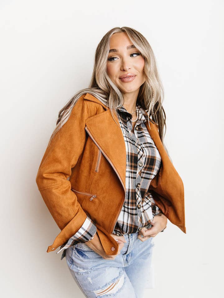 Ampersand Avenue - Wholesale Leather Jacket - Women's - Vegan Suede Leather Moto Jacket- Camel