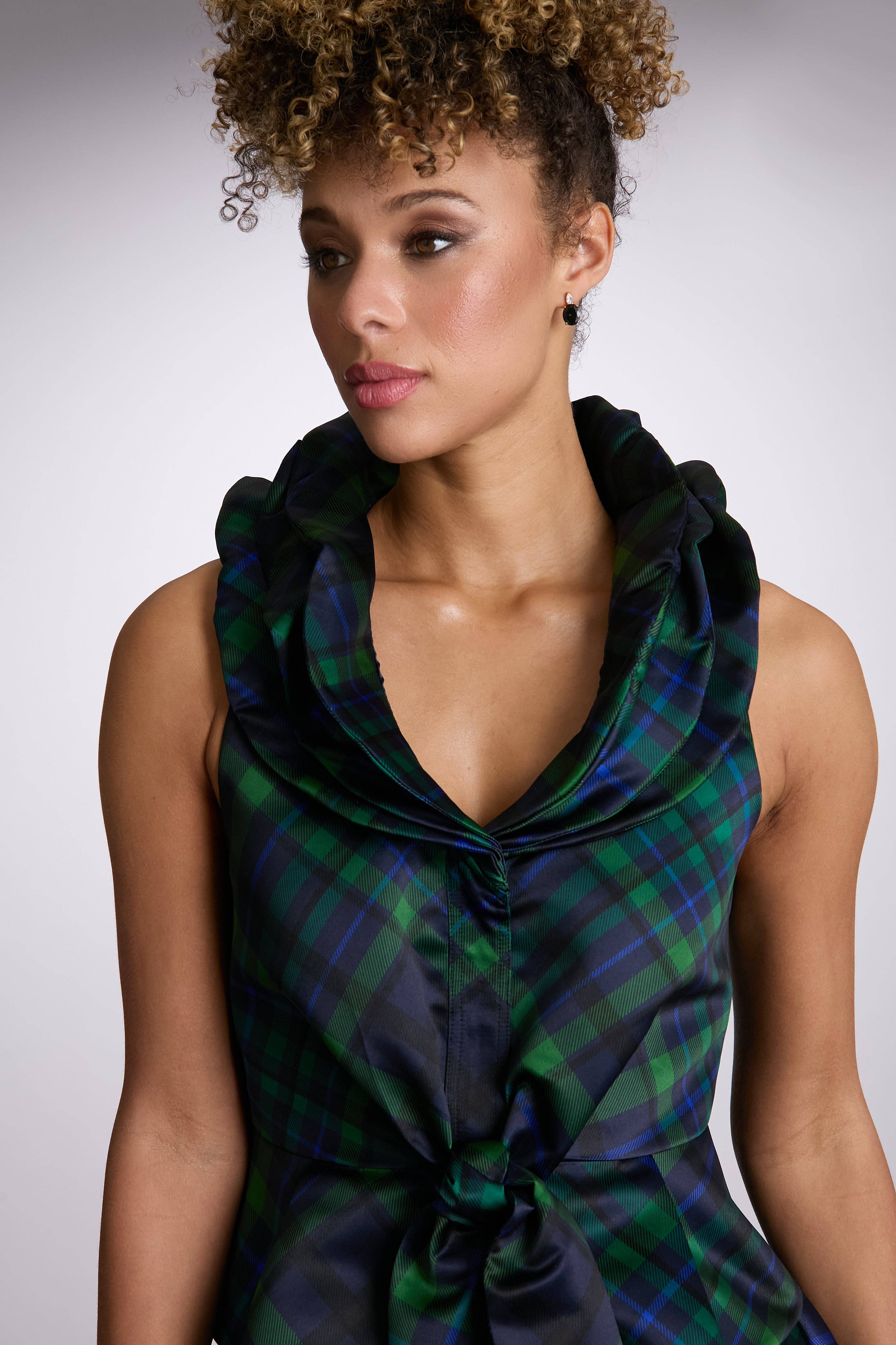 Maggy London Group - Vente Chemisier – femme - Haut sans manches à triple col avec nœud devant à carreaux4