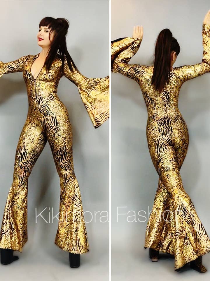 Combinaison disco, catsuit à pattes d'éléphant personnalisée, combinaison élégante de soirée, confectionnée sur mesure pour la vente par Kikimora Fashion
