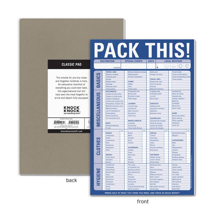 Knock Knock - Wholesale Notepad - Pack This! Pad (Blue)