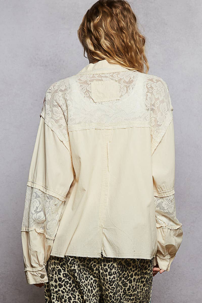 Pol Clothing - Wholesale Shirt Jacket/Shacket - Women's - Balloon sleeve printed woven mixed denim shacket SALE36