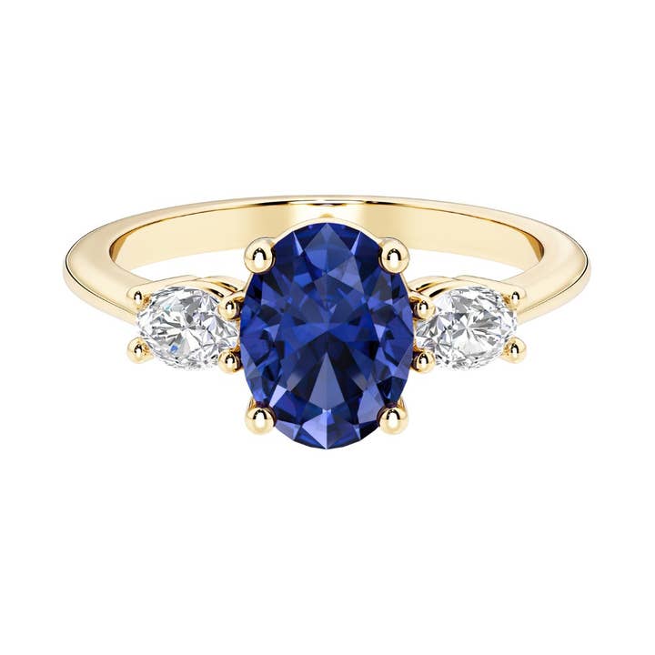 14k Gold 1.50 Ct Oval Blue Sapphire & Diamond 3-Stone Ring for wholesale by DV Custom Jewelry USA