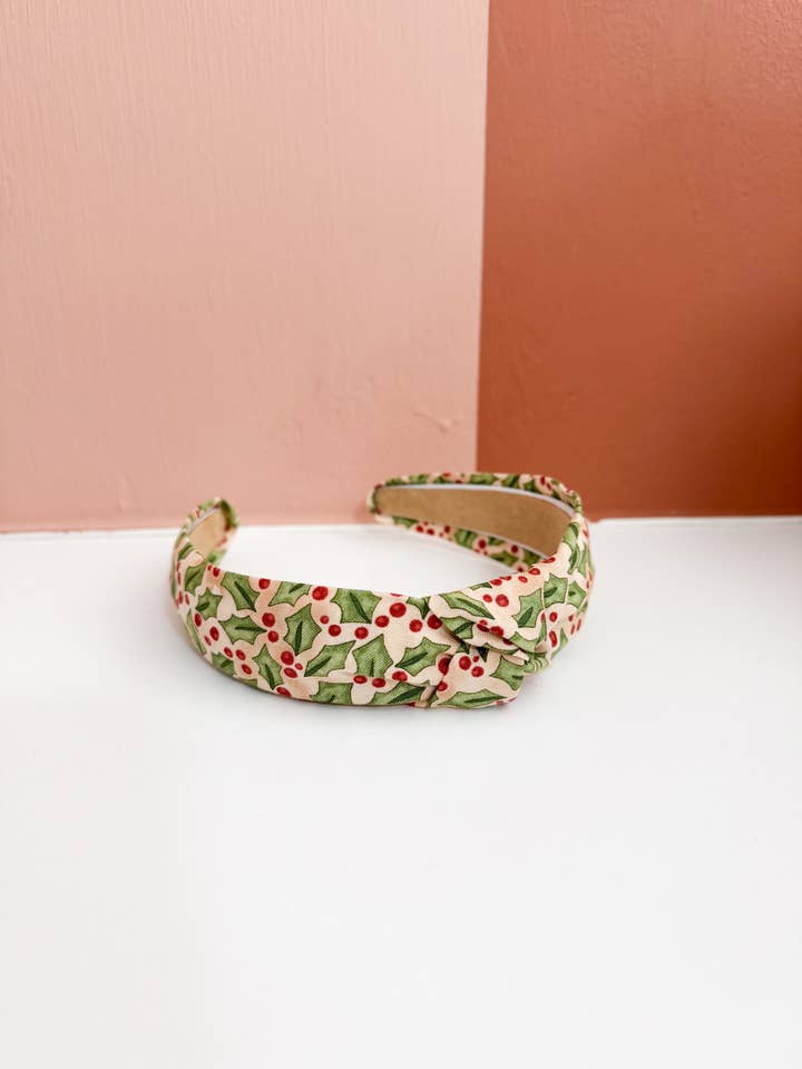 Cream Holly Christmas Top Knot Headband for wholesale by Little Sunshines Bow & Co