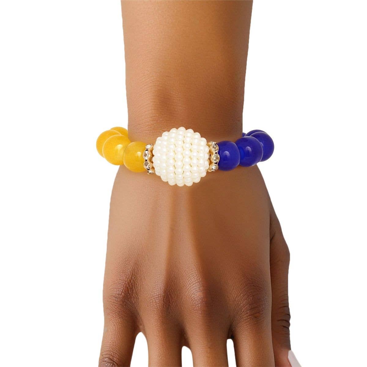 SGRHO Sorority Blue Gold Pearl Glass Bead Bracelet for wholesale on Faire0