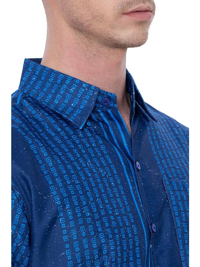 Blue HAPPY BAY Linen Effect Mens Shirts Red Stripes P00437 for wholesale on Faire1