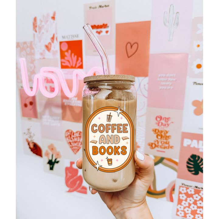Coffee and Books 16oz Can Glass for wholesale by Peachy Market Co