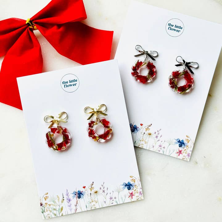 Christmas Wreath Dangle Earrings for wholesale by The Little Flower Handmade