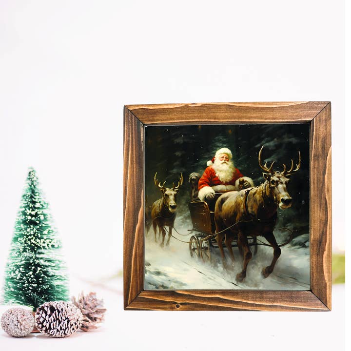 Teele and Co. - Wholesale Christmas Wall Art - Santa with Reindeer Framed Sign1