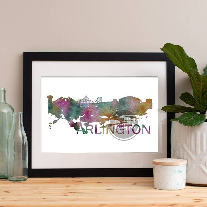 Skyline aquarelle d'Arlington, horizon d'Arlington, art d'Arlington, affiche d'Arlington, impression d'Arlington, art d'Arlington, carte d'Arlington, Arlington WCS7 pour la vente par DreamMachine Prints