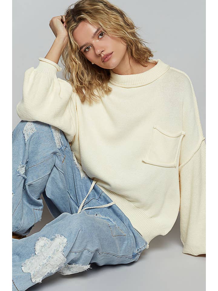 Pol Clothing - Wholesale Knit Sweater - Women's - Oversize balloon sleeve round neck pullover sweater SALE
