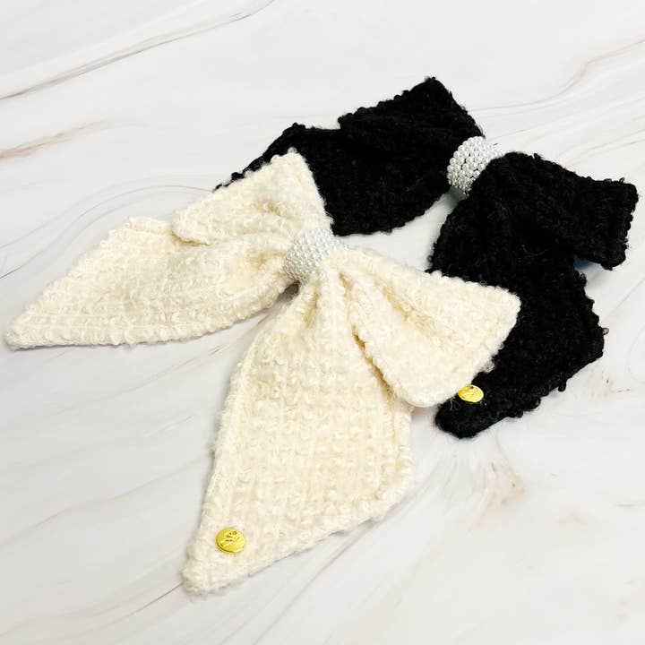 Presilha de cabelo laço em tweed com pérolas por atacado de Ellison+Young