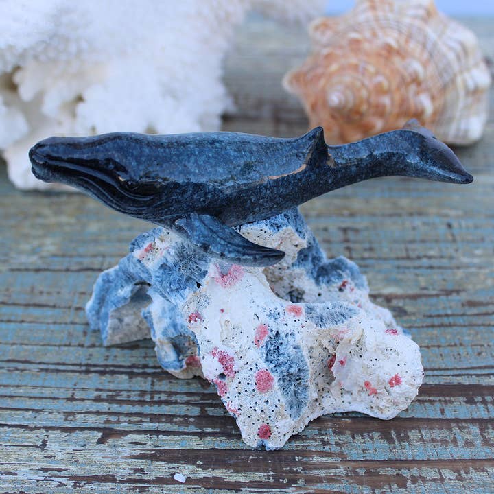 Blue Resin Whale on Natural Coral Chunk for wholesale by California Seashell Company
