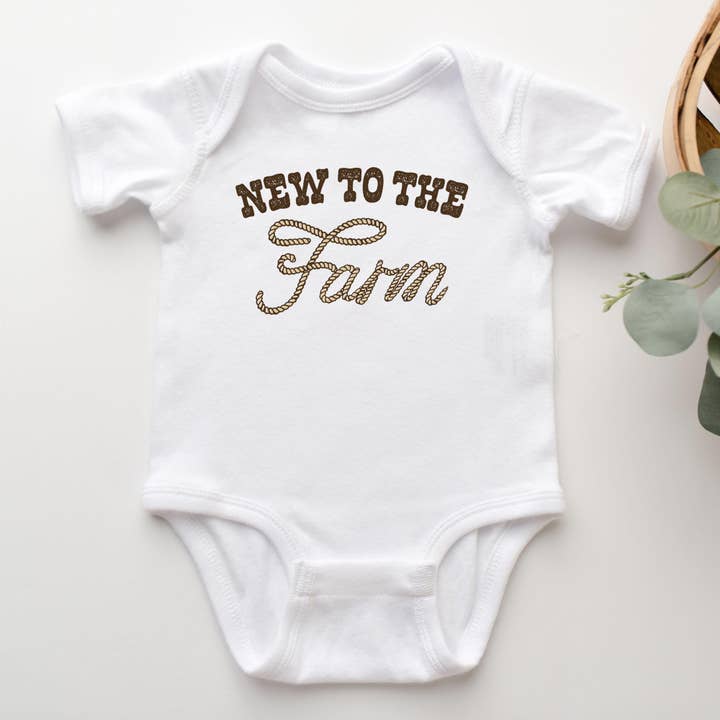 New To The Farm Infant Onesie, Western Baby Rib Bodysuit for wholesale by Peculiar People Designs