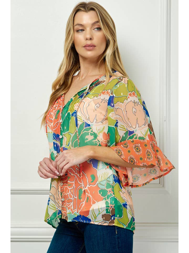 GREEN CORAL MISSY SHEER PRINTED PEASANT BLOUSE COU95L78 for wholesale on Faire7