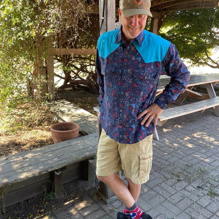 Camisa hippie de manga larga de algodón retro con estampado de hongos para hombre para venta al por mayor de Jayli Clothing