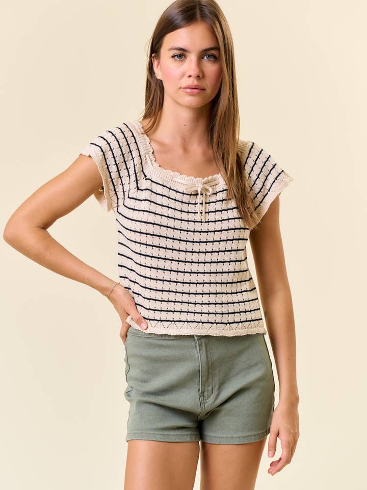 VINTAGE INSPIRED STRIPED CROCHET KNIT TOP - 1750C for wholesale by Doe and Rae