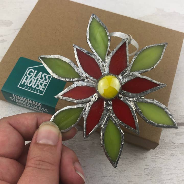 GlassHouse Design - Wholesale Ornament - Poinsettia Christmas Ornament- Stained Glass Window Decoration7