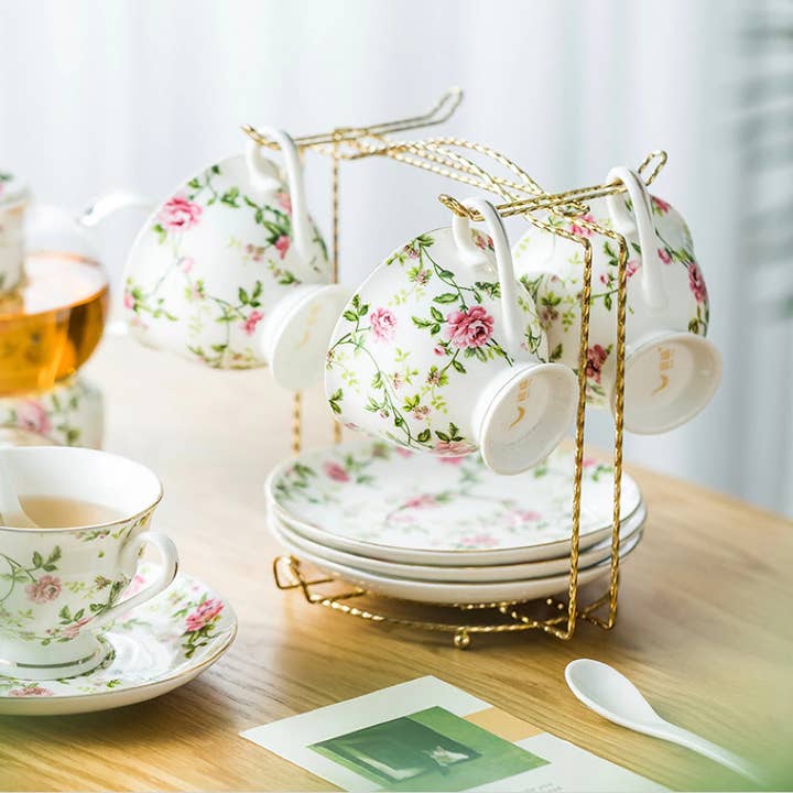 Green Pastures Wholesale - Wholesale Tea Set - 14K Rose & Flower Tea Set with Infuser