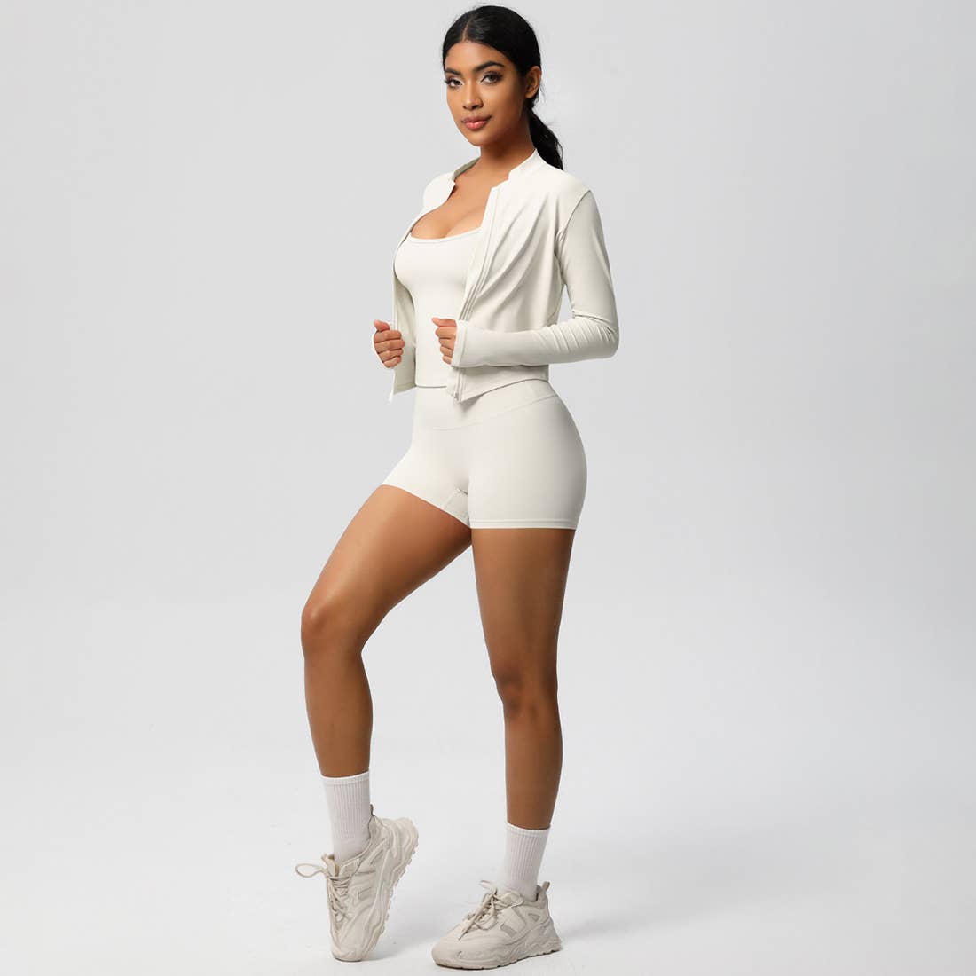 Sodalemon – Conjunto de desporto – Mulher por atacado – Conjunto feminino de yoga justo: top esportivo com interior escovado, jaqueta com zíper e shorts26