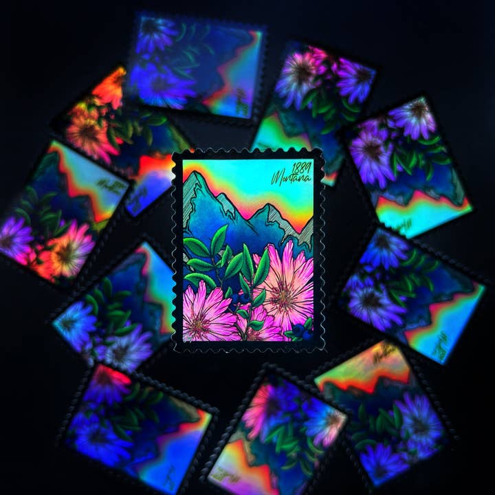 Montana Stamp Holographic Sticker, 1.5x2in for wholesale by Catnip and Kittens