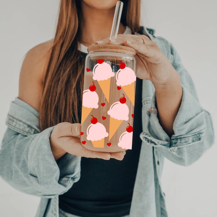 Ice Cream Cones | UVDTF | 20 oz Libbey Can Glass with Bamboo Lid & Straw for wholesale by SKS Design Studio