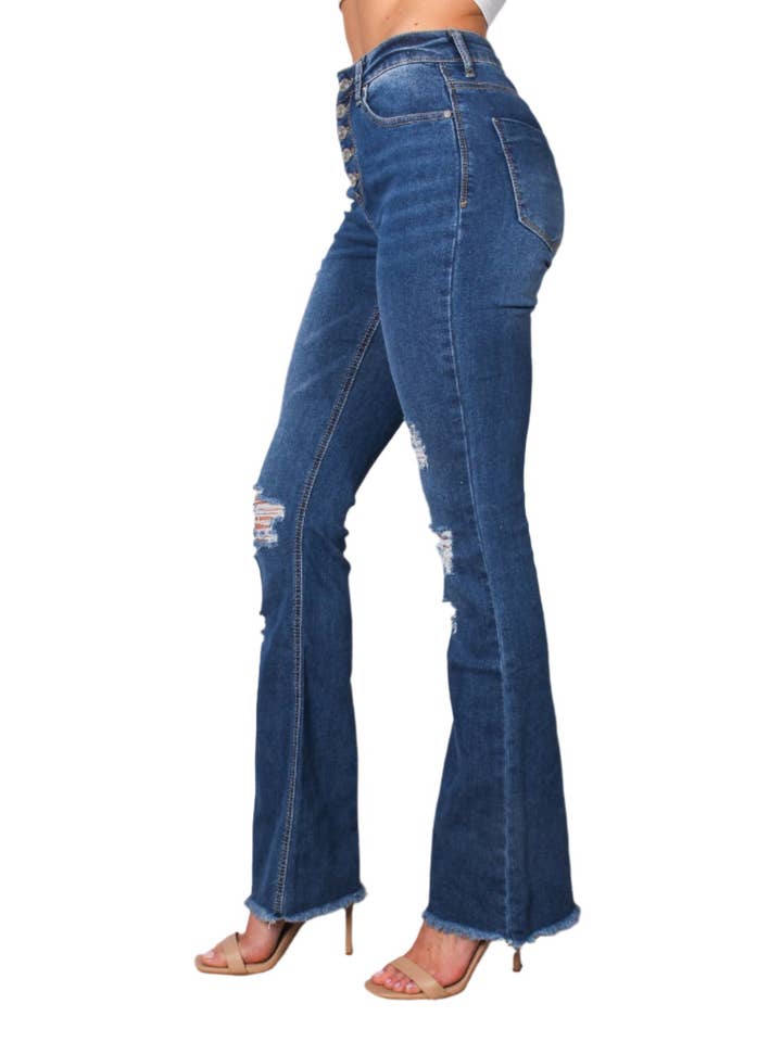 Good Stuff Apparel - Wholesale Jeans - Women's - Women's High Waist Five Buttons Tattered Flare Jeans