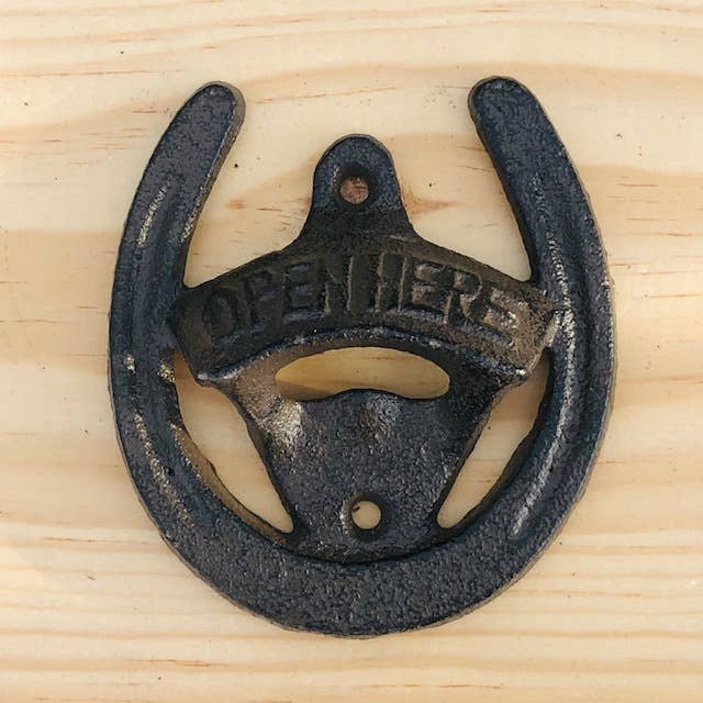 CAST IRON HORSESHOE "OPEN HERE" BOTTLE OPENER for wholesale by Midwest Craft House