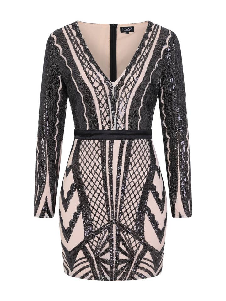 Nazz Collection Clothing Ltd - Vendita all'ingrosso Vestito - Donna - Abito illusione aderente con paillettes nude nere Coco Couture Vip