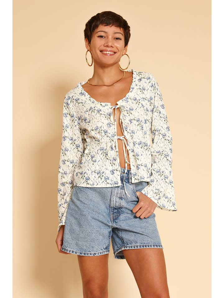 White multi Tie front floral top for wholesale on Faire2