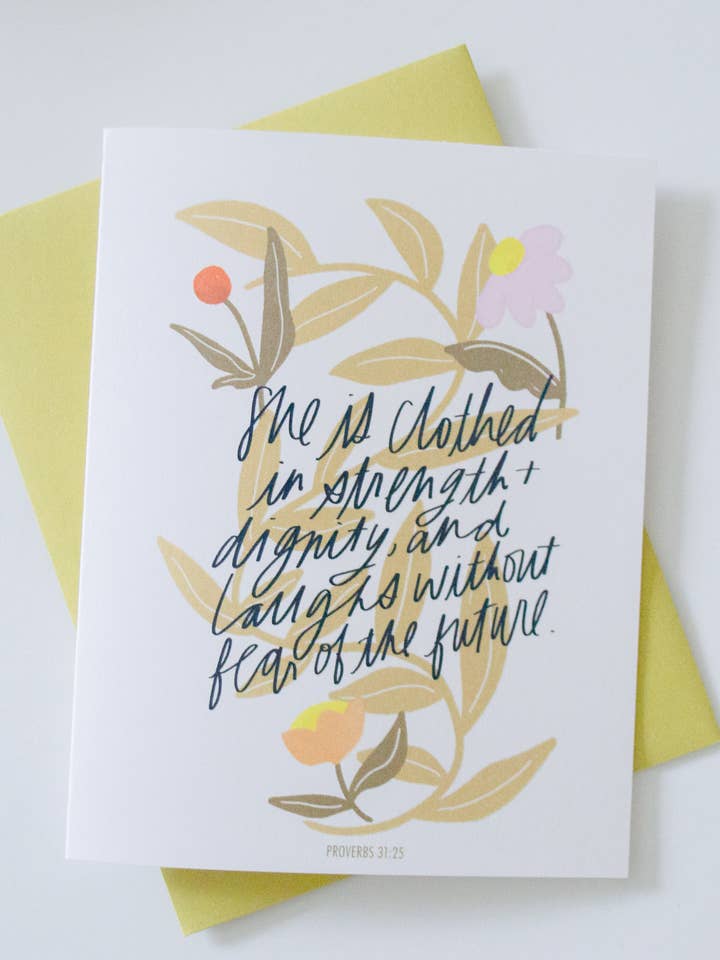 Carte de voeux « Elle est vêtue de force », Proverbes 31 pour la vente par give with joy