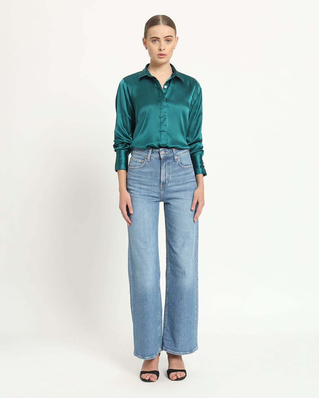 Thevasa - Wholesale Overhemd met knopen - Dames - Satijneffect Formeel Diepblauwgroen Overhemd6