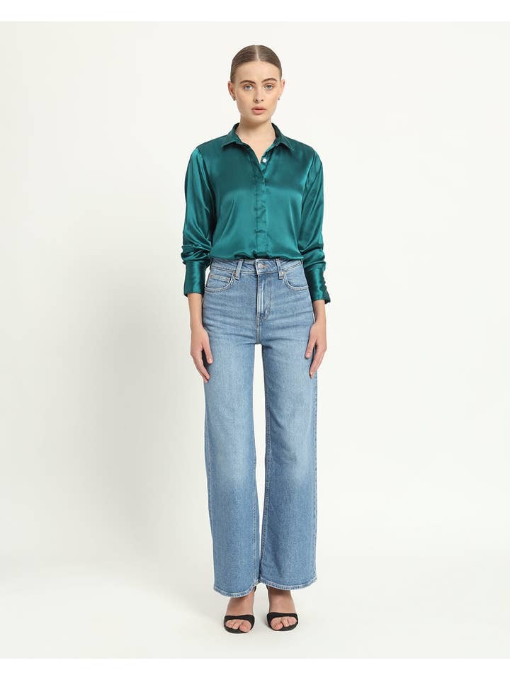 Thevasa - Wholesale Overhemd met knopen - Dames - Satijneffect Formeel Diepblauwgroen Overhemd6